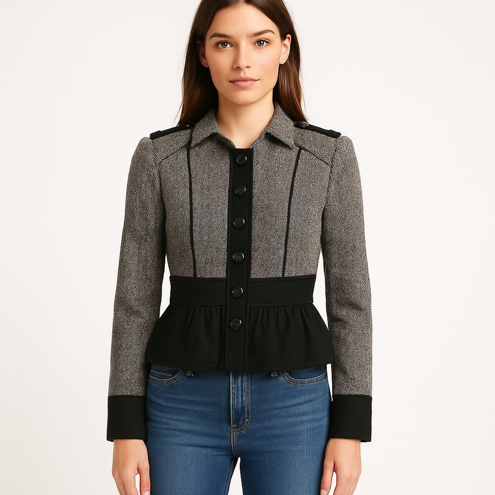 Anthropologie Gray Tweed Peplum Blazer with Black Trim